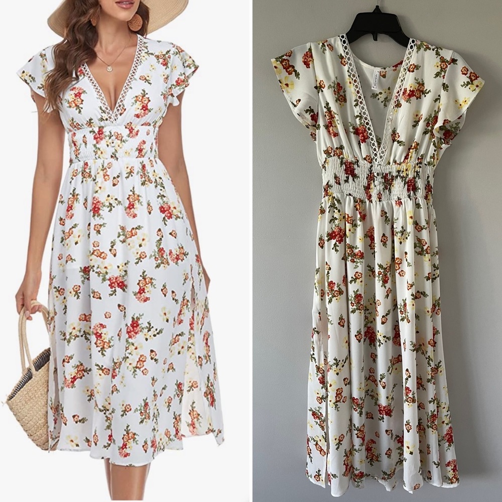 Women’s Summer Boho Floral Print Dress Casual V Neck Cap Sleeve Split Sundress